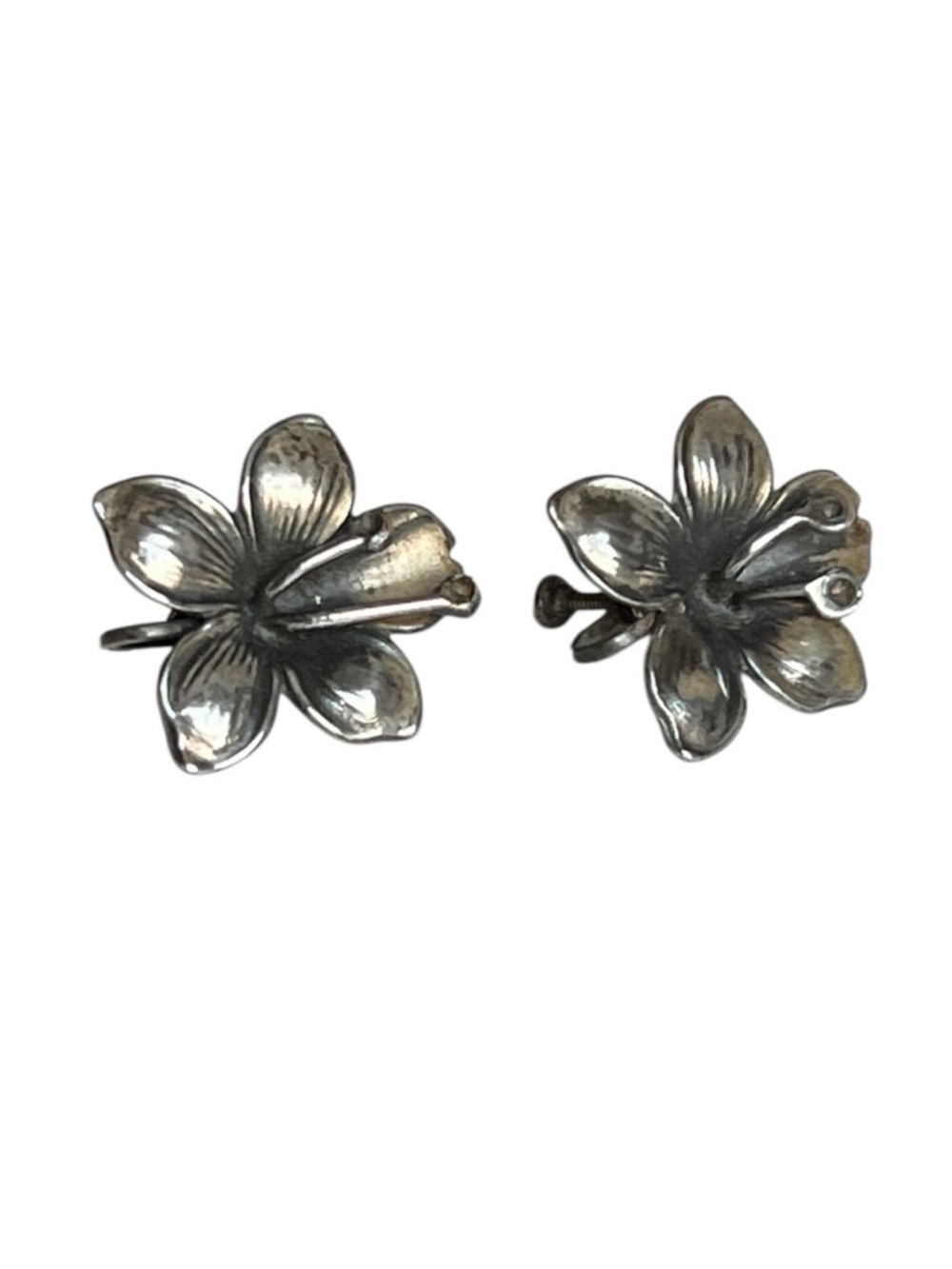 Vintage Sterling Silver .925 Screw Back Lily Hibiscus Flower Retro Earrings